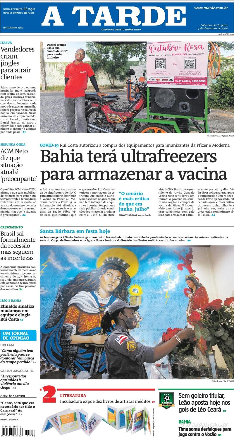 Capa do jornal A Tarde 04/12/2020