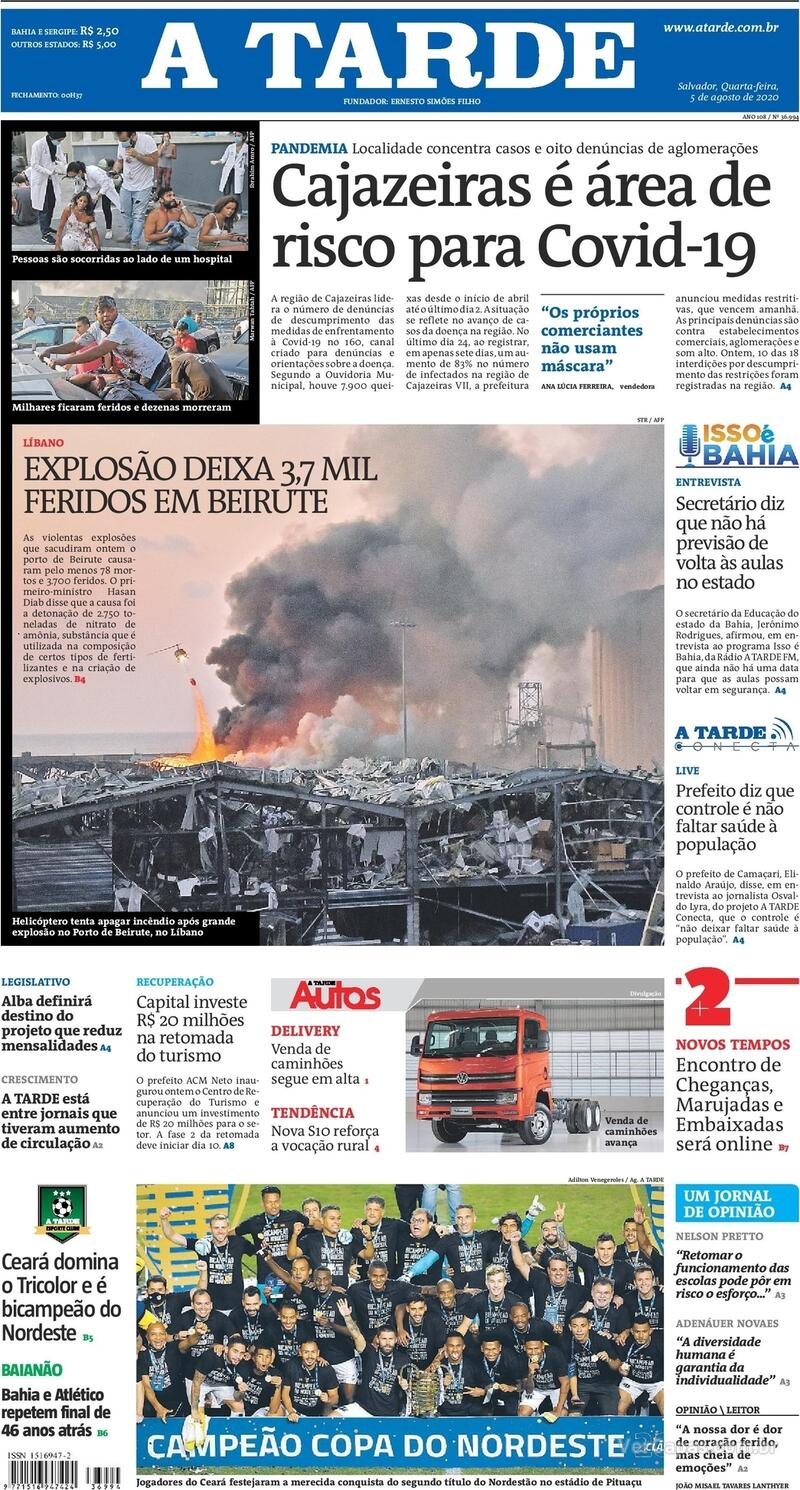 Capa do jornal A Tarde 05/08/2020