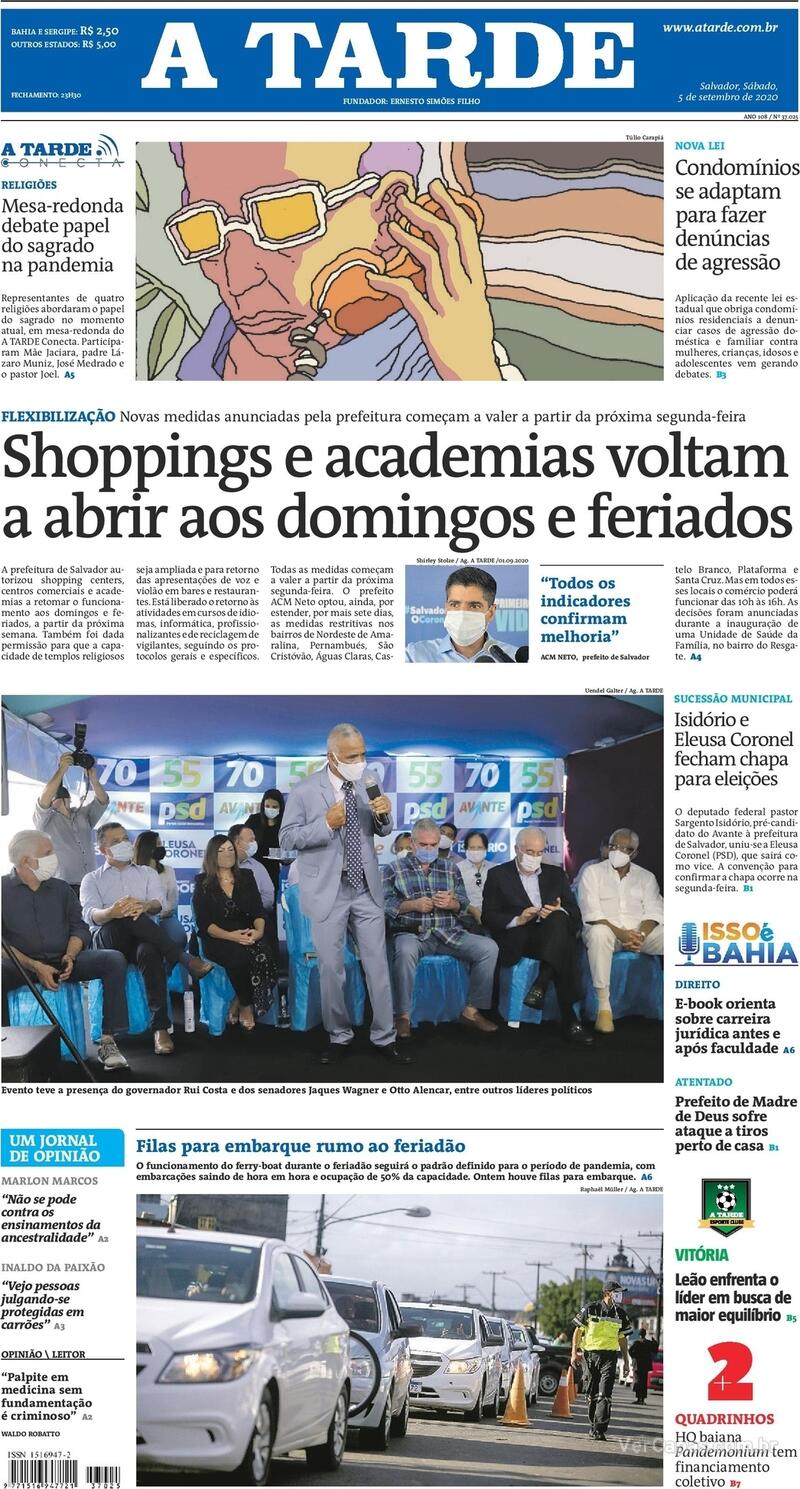 Capa do jornal A Tarde 05/09/2020