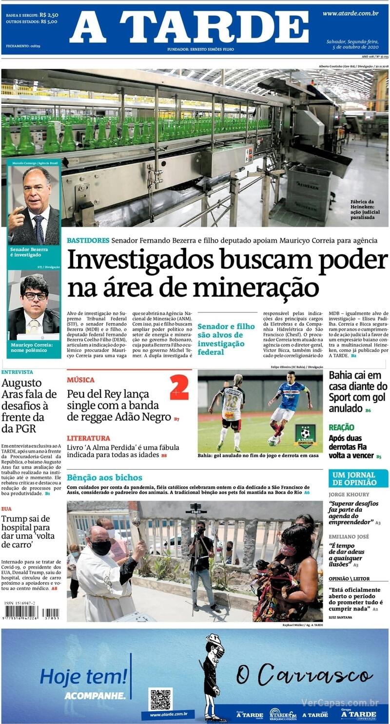 Capa do jornal A Tarde 05/10/2020