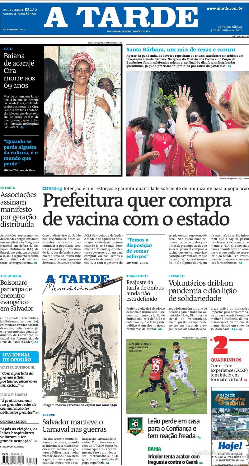 Capa do jornal A Tarde 05/12/2020