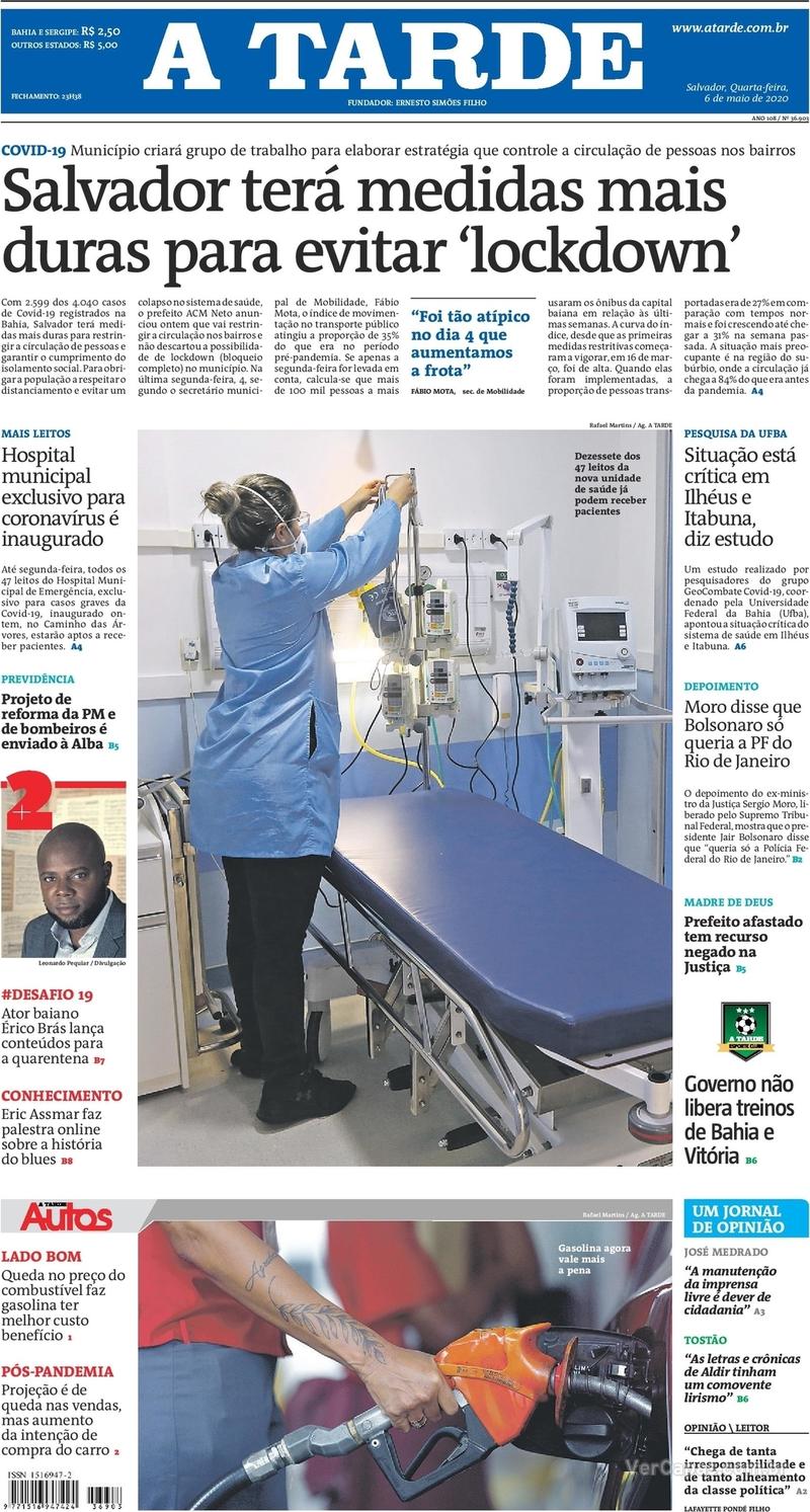 Capa do jornal A Tarde 06/05/2020