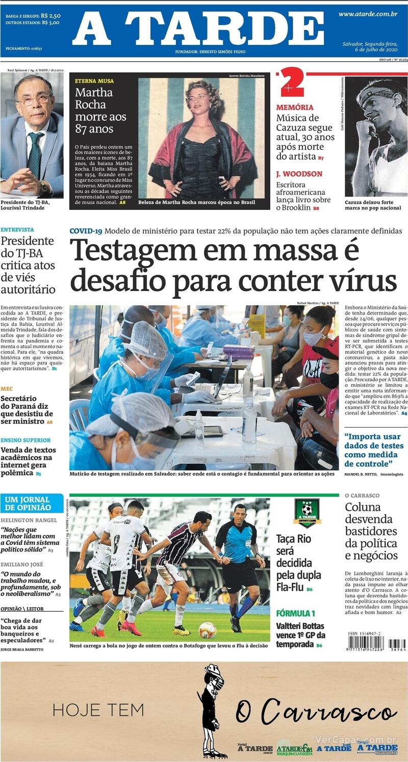 Capa do jornal A Tarde 06/07/2020