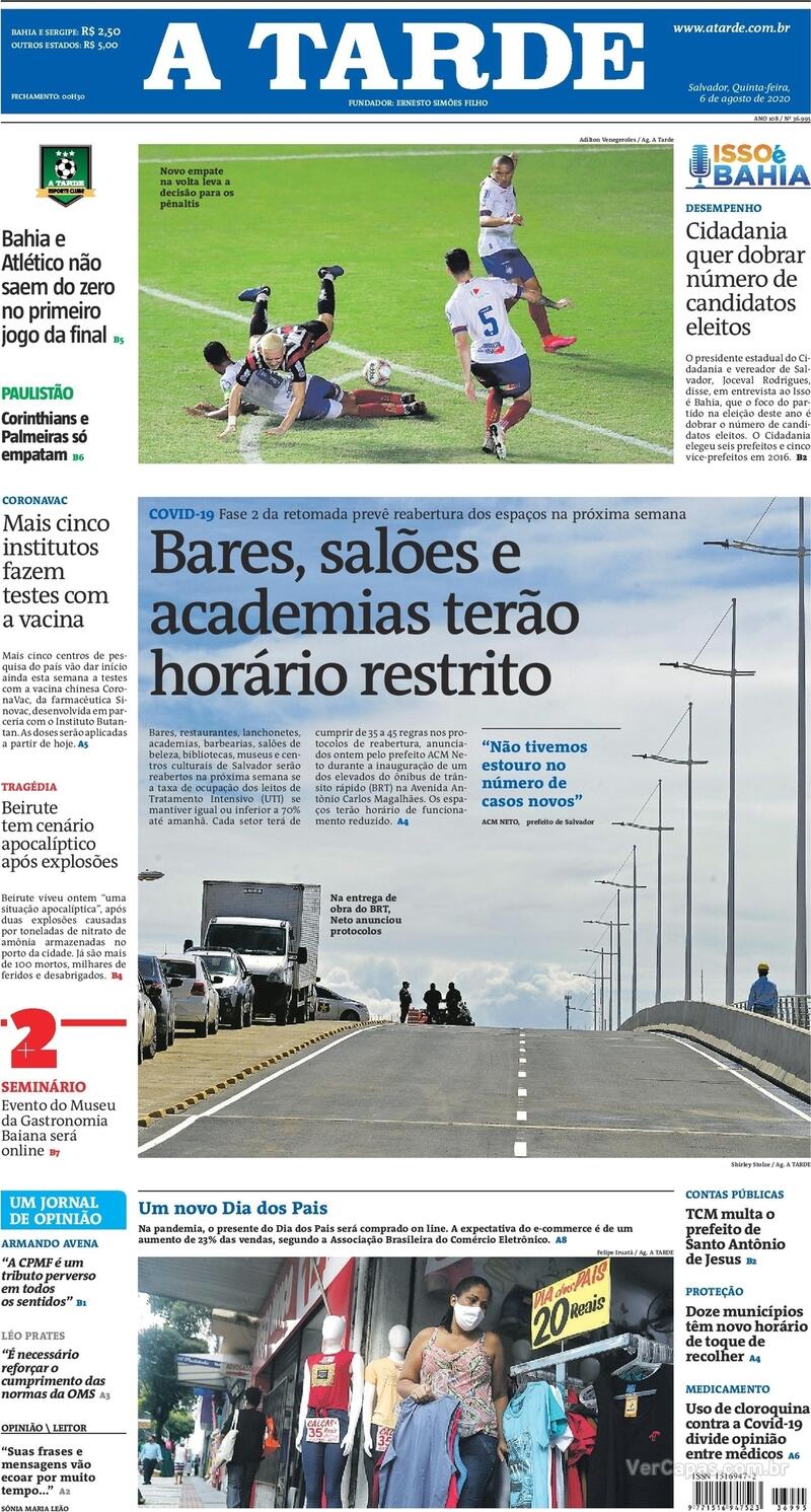 Capa do jornal A Tarde 06/08/2020
