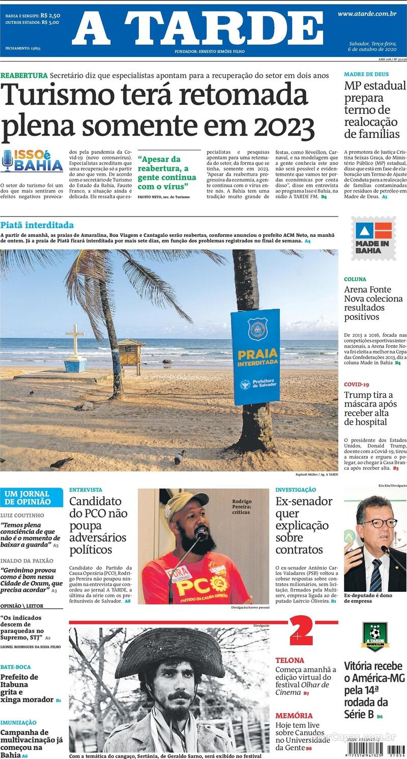 Capa do jornal A Tarde 06/10/2020
