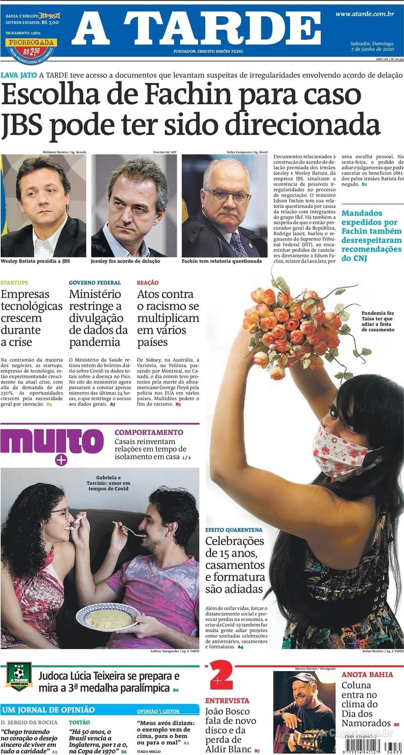Capa do jornal A Tarde 07/06/2020