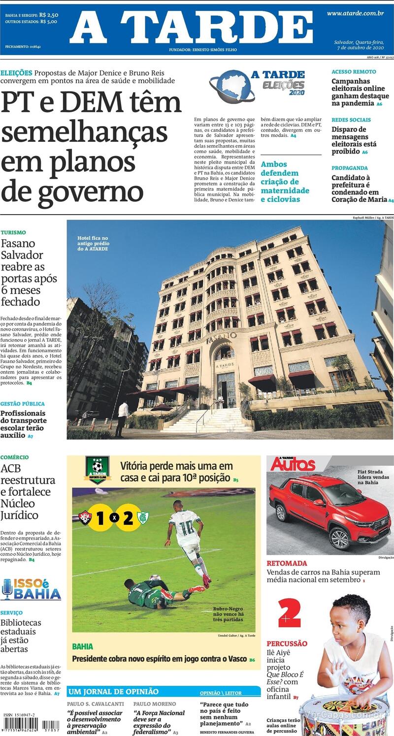 Capa do jornal A Tarde 07/10/2020