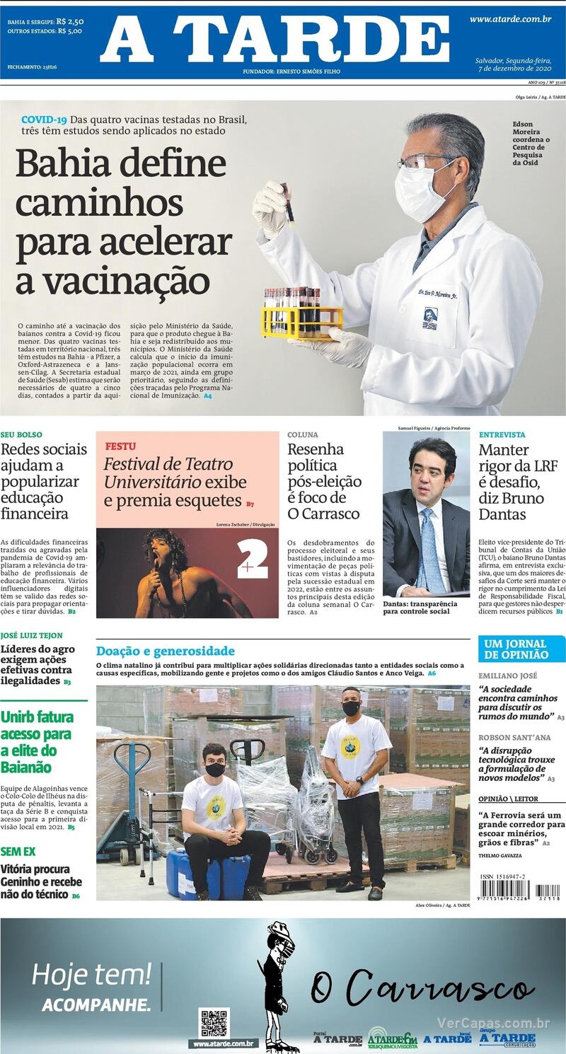 Capa do jornal A Tarde 07/12/2020