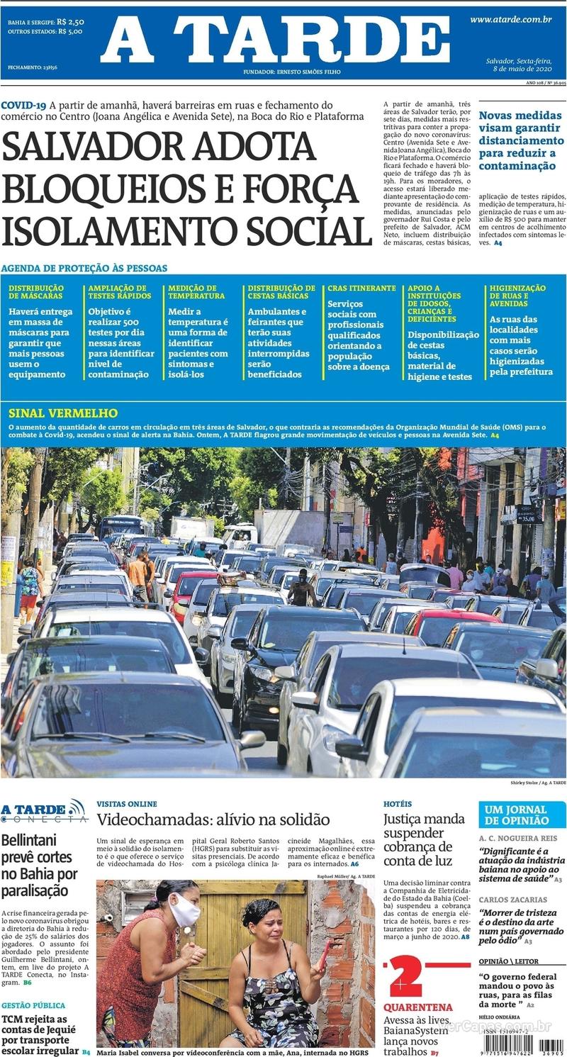 Capa do jornal A Tarde 08/05/2020