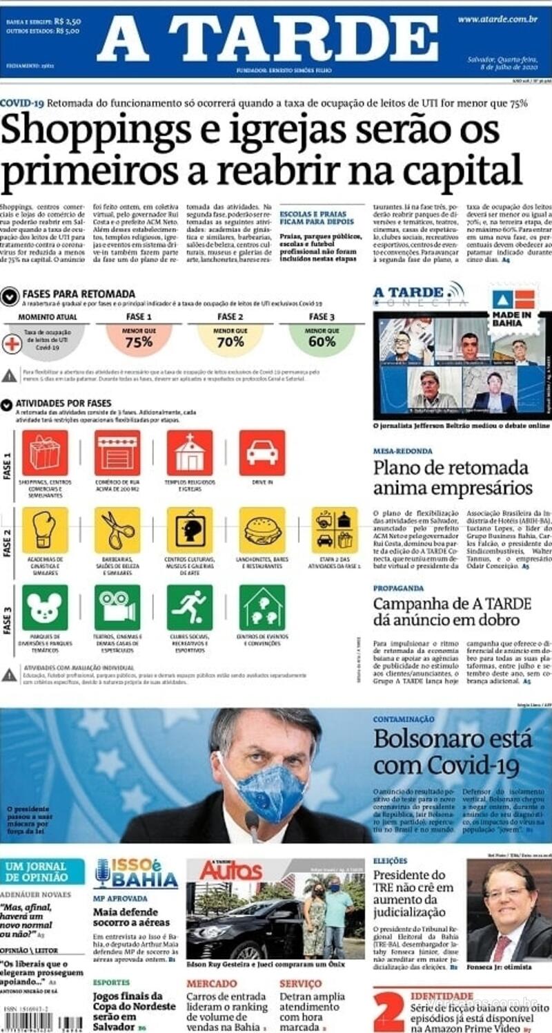 Capa do jornal A Tarde 08/07/2020