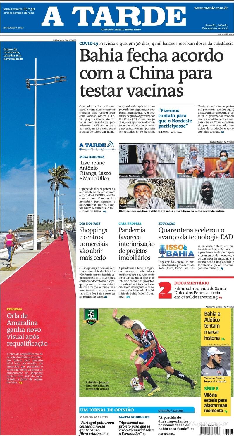 Capa do jornal A Tarde 08/08/2020
