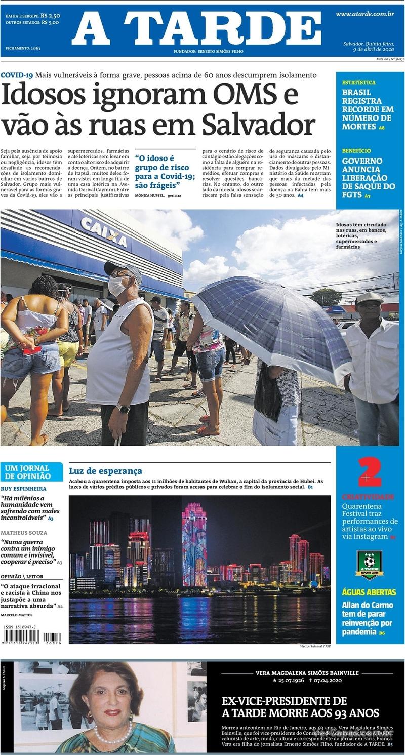 Capa do jornal A Tarde 09/04/2020