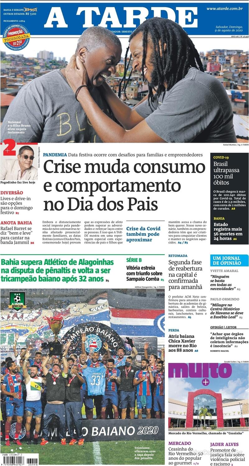 Capa do jornal A Tarde 09/08/2020
