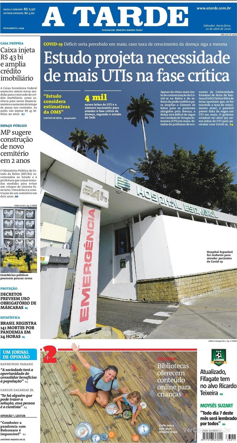 Capa do jornal A Tarde 10/04/2020