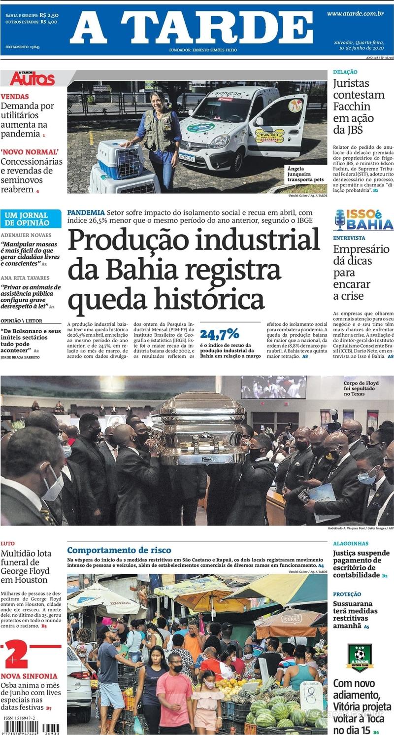 Capa do jornal A Tarde 10/06/2020