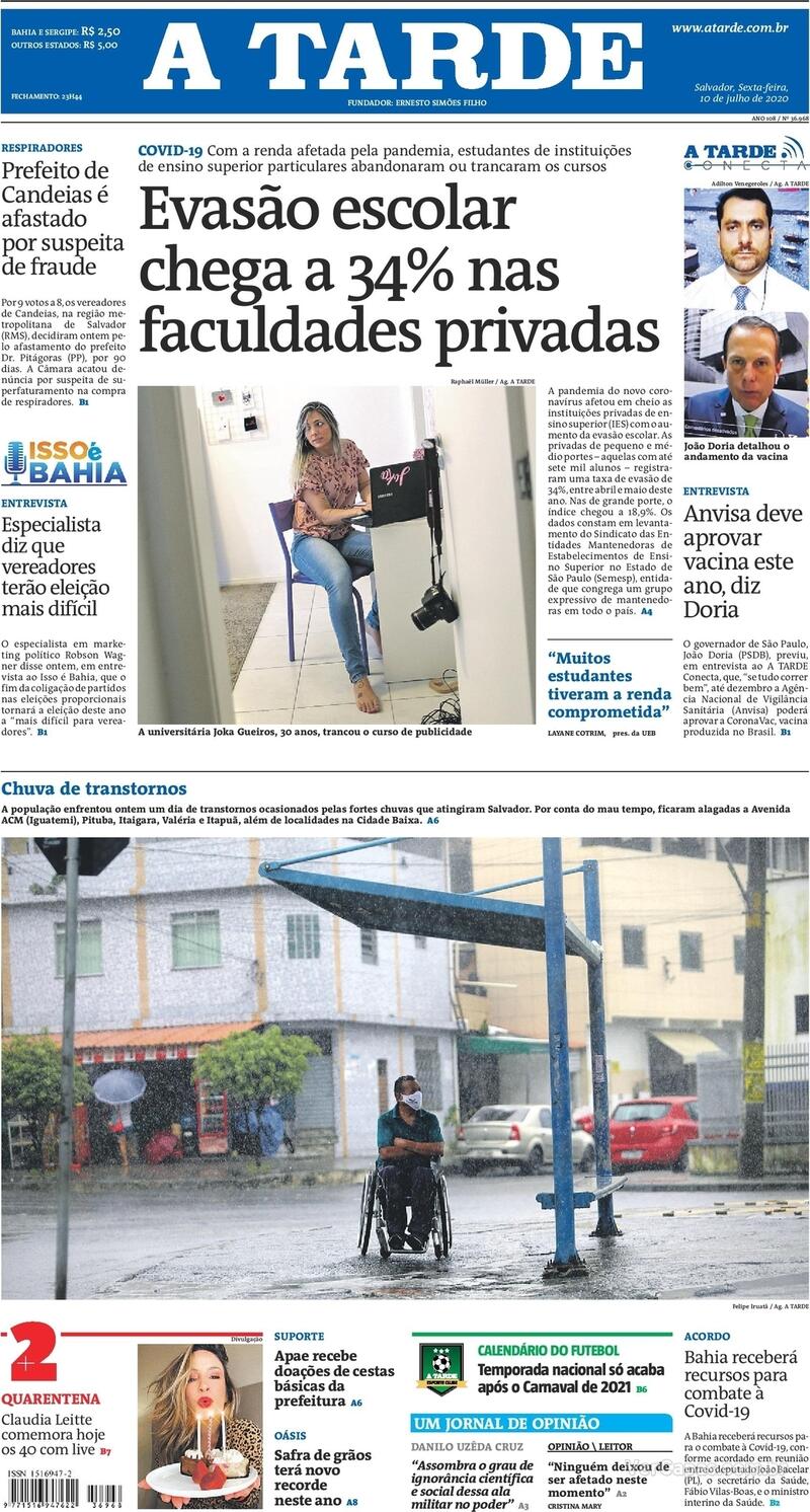 Capa do jornal A Tarde 10/07/2020