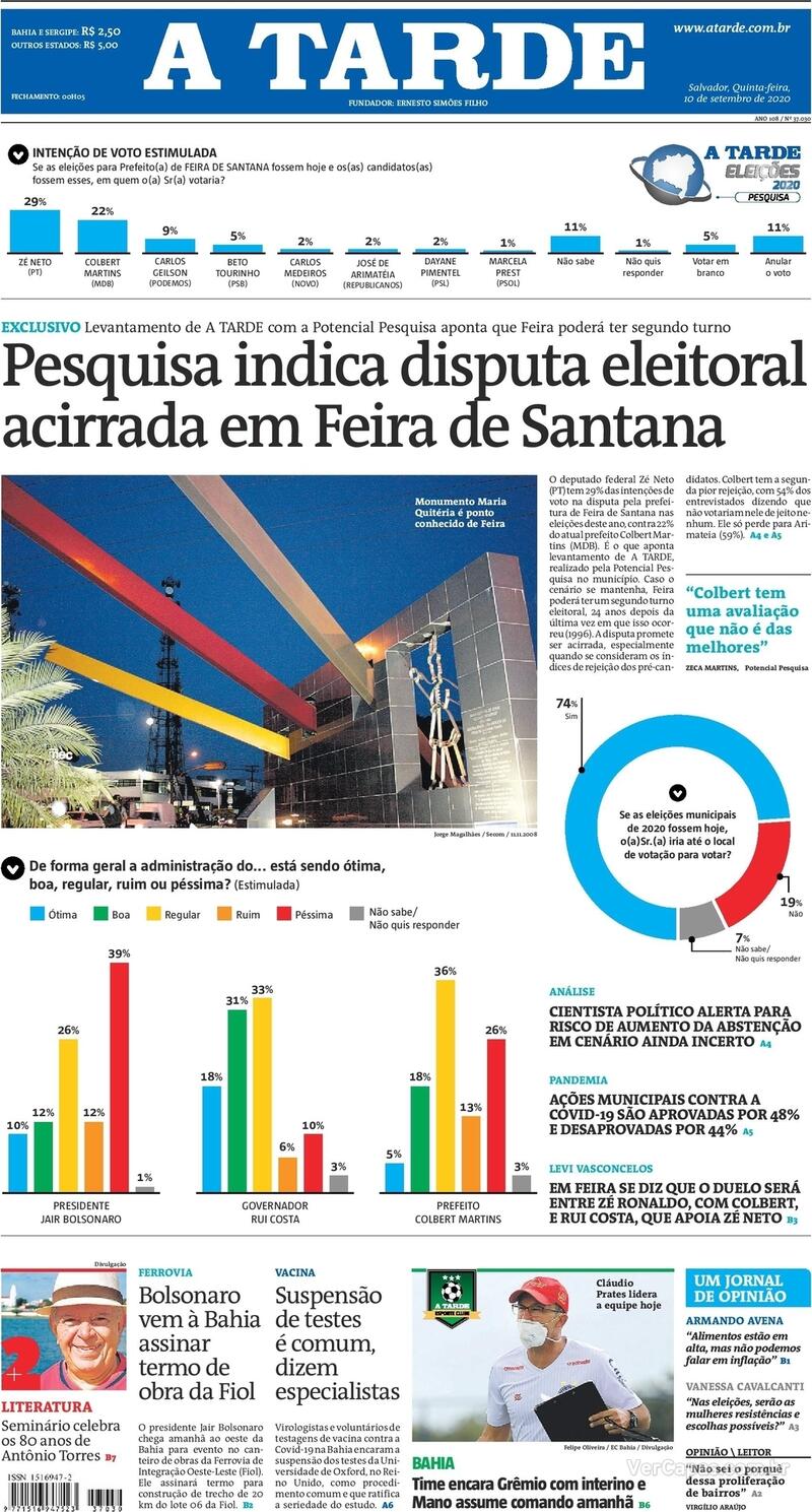 Capa do jornal A Tarde 10/09/2020