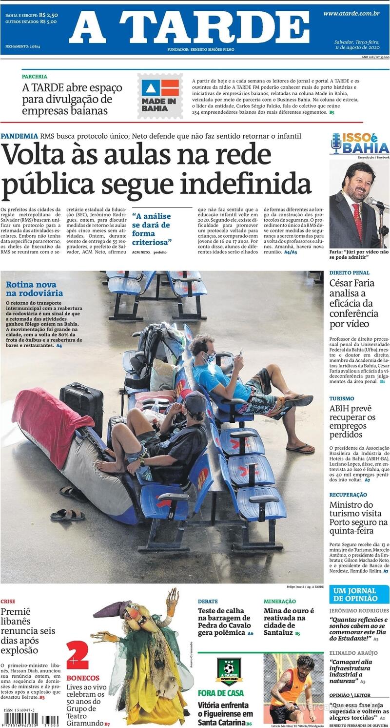 Capa do jornal A Tarde 11/08/2020