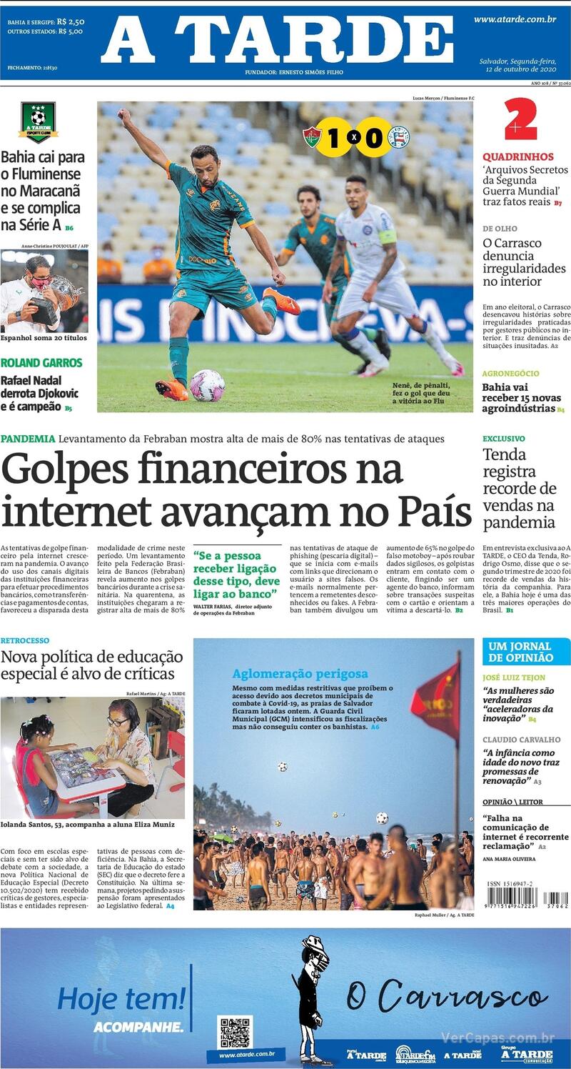 Capa do jornal A Tarde 12/10/2020