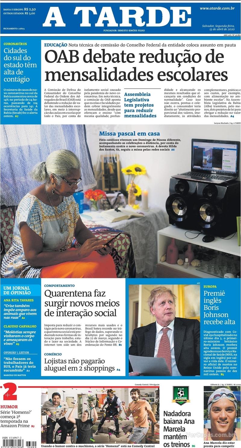 Capa do jornal A Tarde 13/04/2020