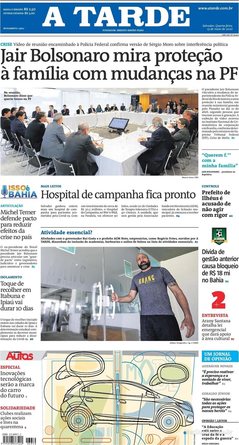 Capa do jornal A Tarde 13/05/2020