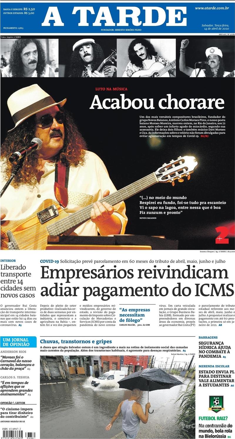 Capa do jornal A Tarde 14/04/2020
