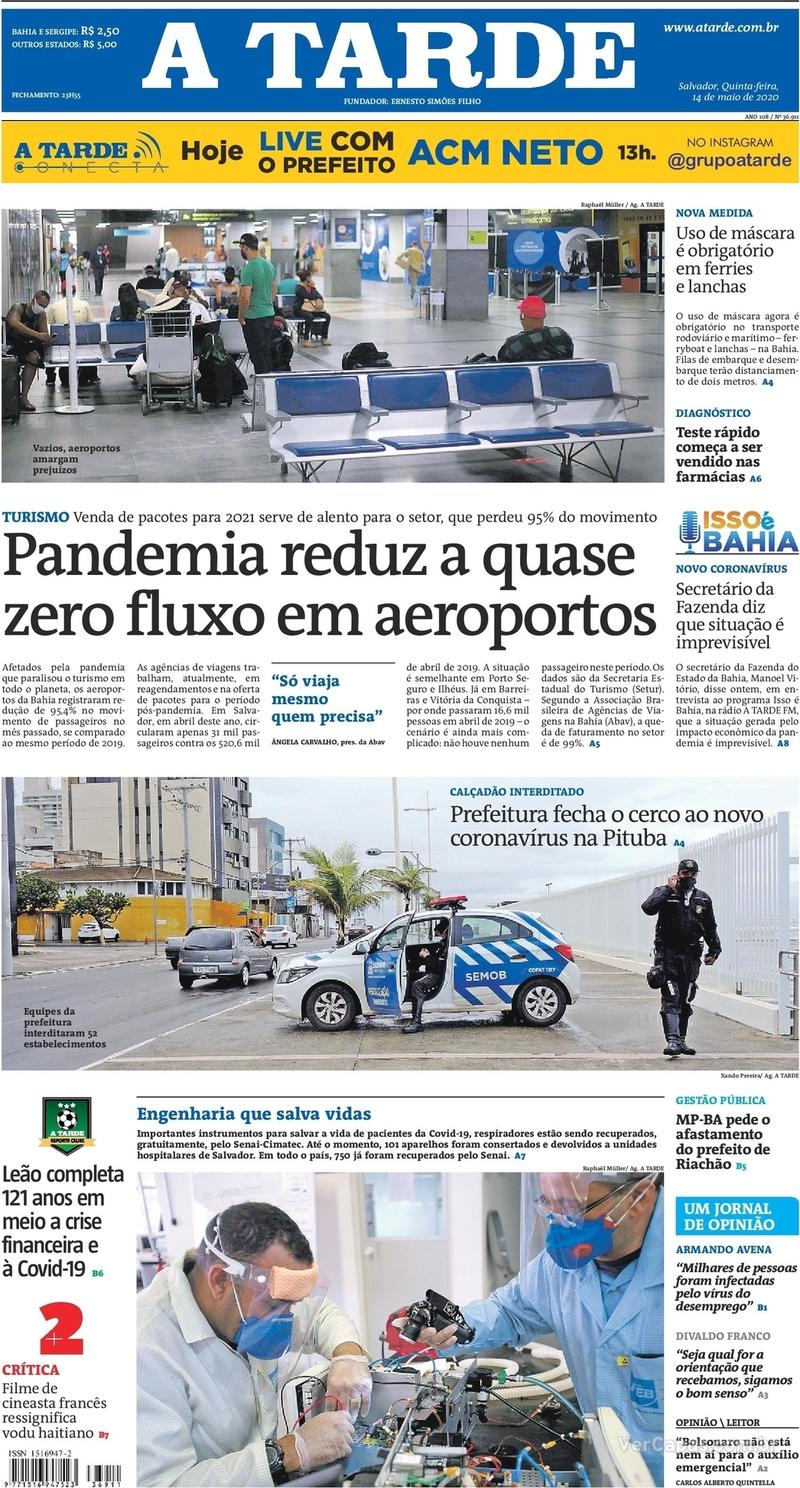 Capa do jornal A Tarde 14/05/2020