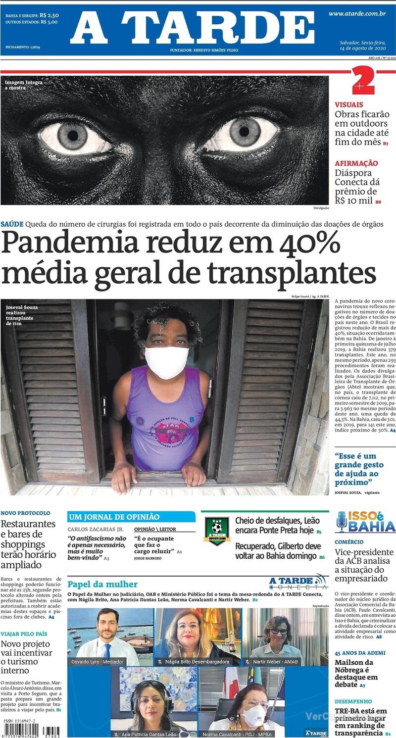 Capa do jornal A Tarde 14/08/2020
