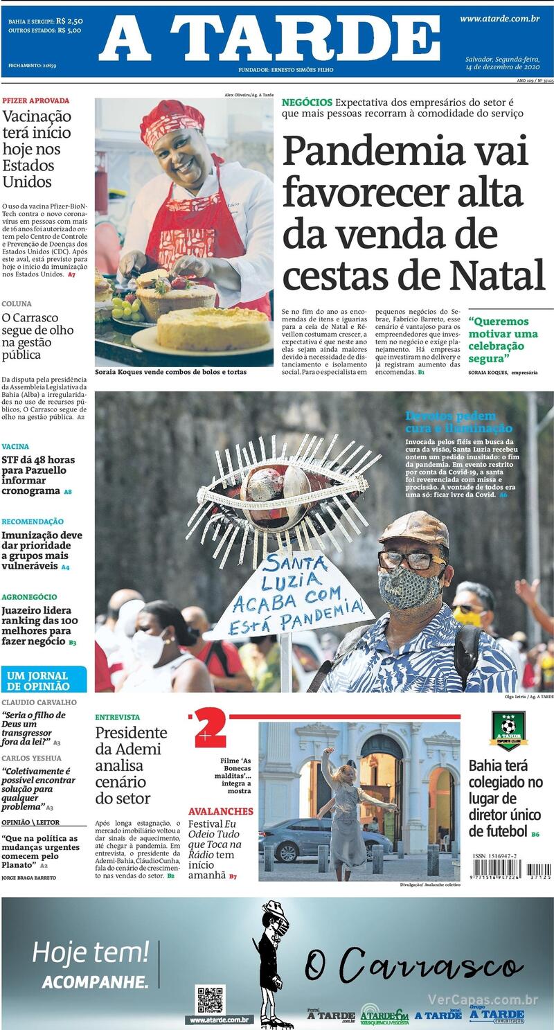 Capa do jornal A Tarde 14/12/2020