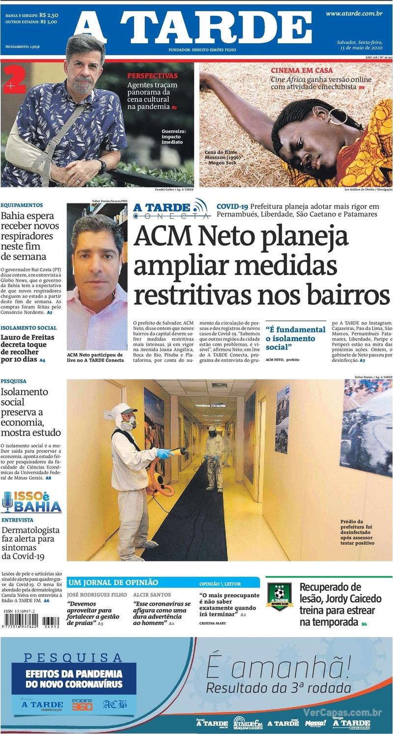 Capa do jornal A Tarde 15/05/2020