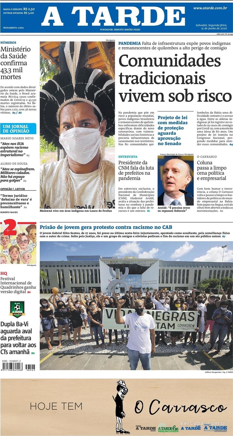 Capa do jornal A Tarde 15/06/2020