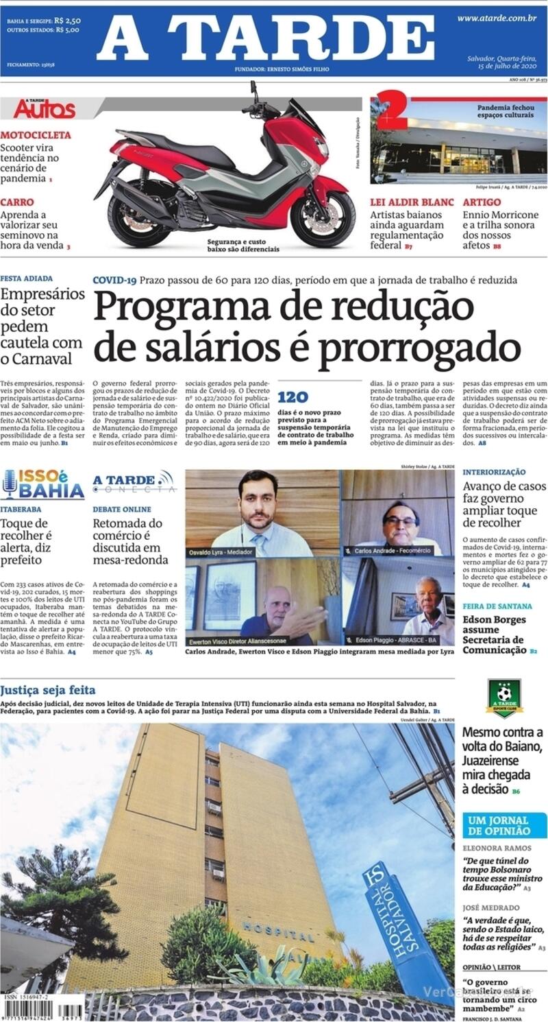 Capa do jornal A Tarde 15/07/2020