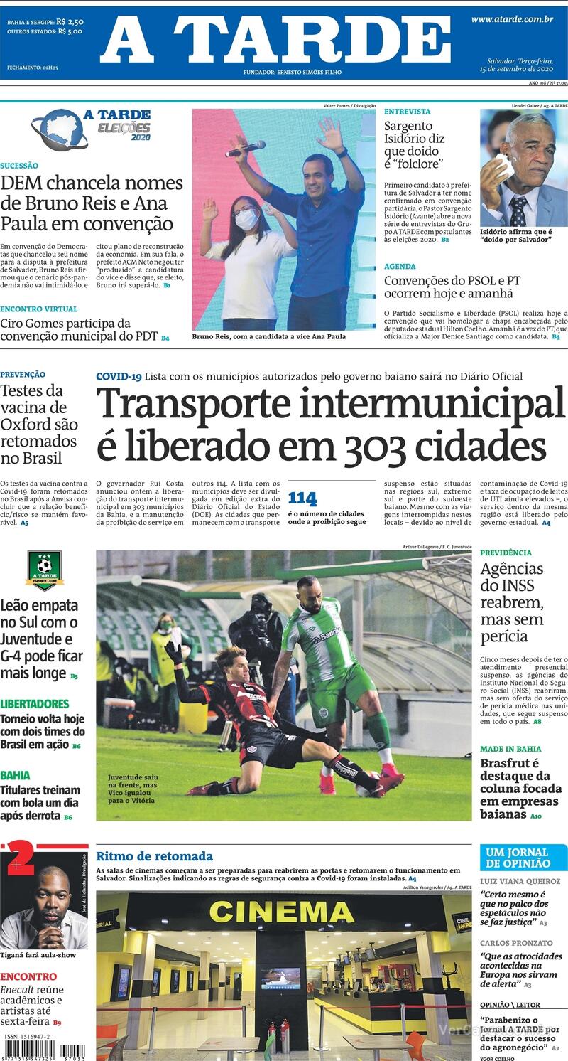 Capa do jornal A Tarde 15/09/2020