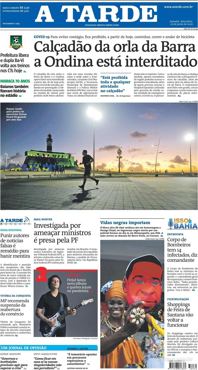 Capa do jornal A Tarde 16/06/2020