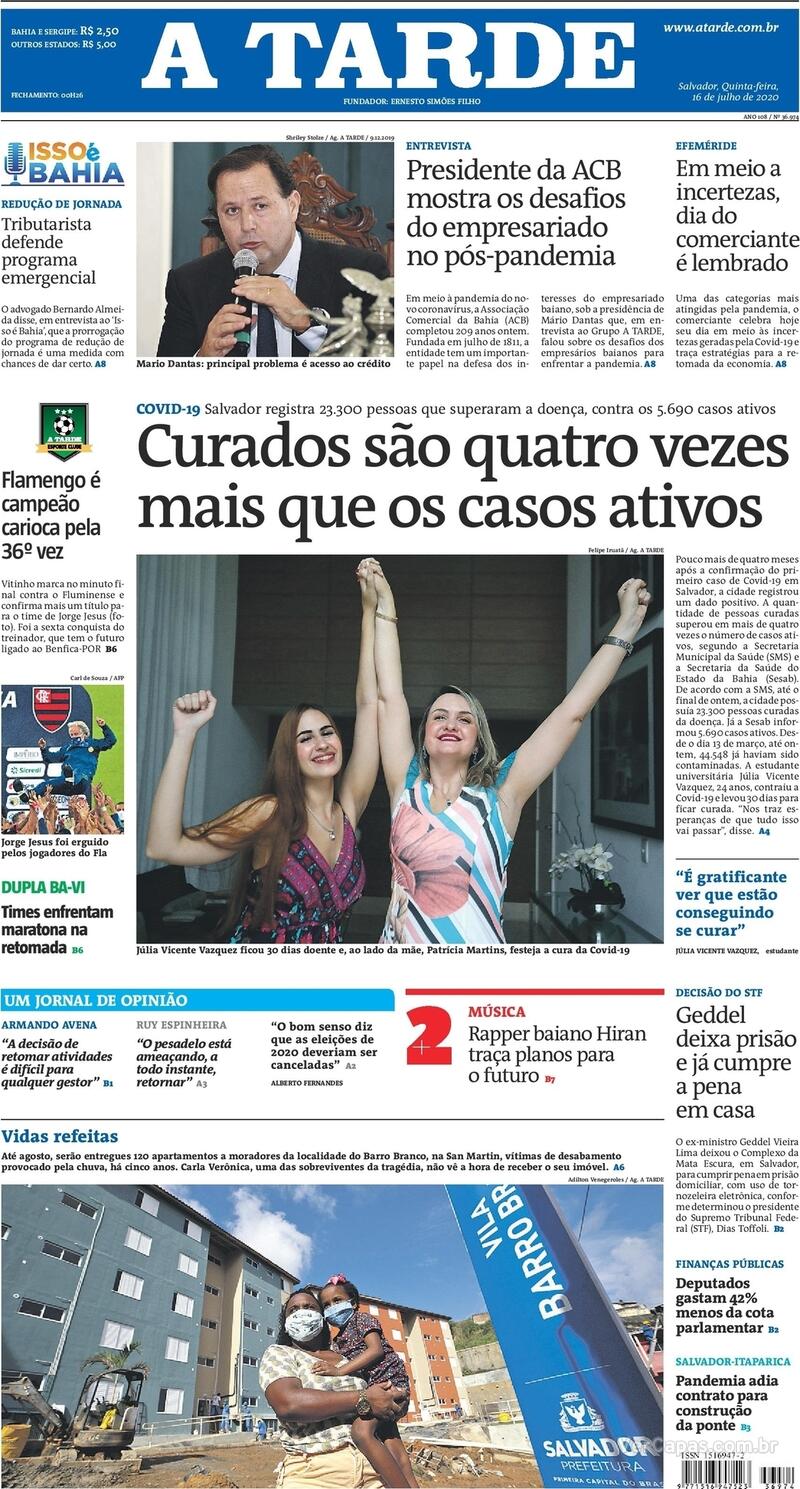 Capa do jornal A Tarde 16/07/2020