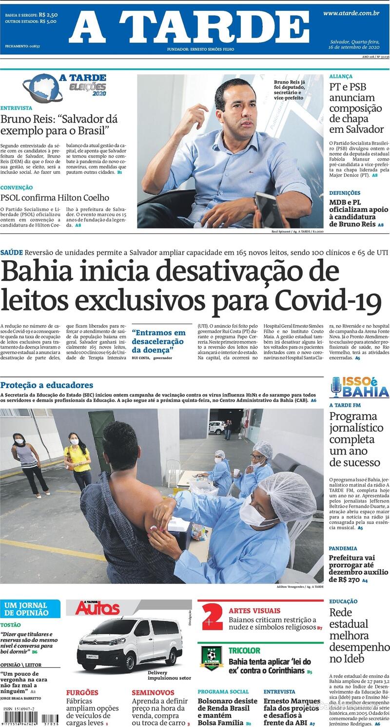 Capa do jornal A Tarde 16/09/2020