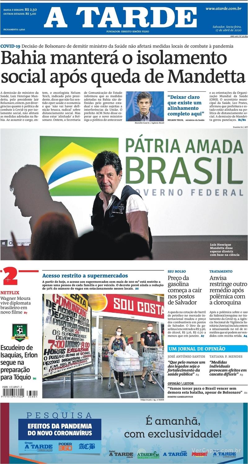 Capa do jornal A Tarde 17/04/2020