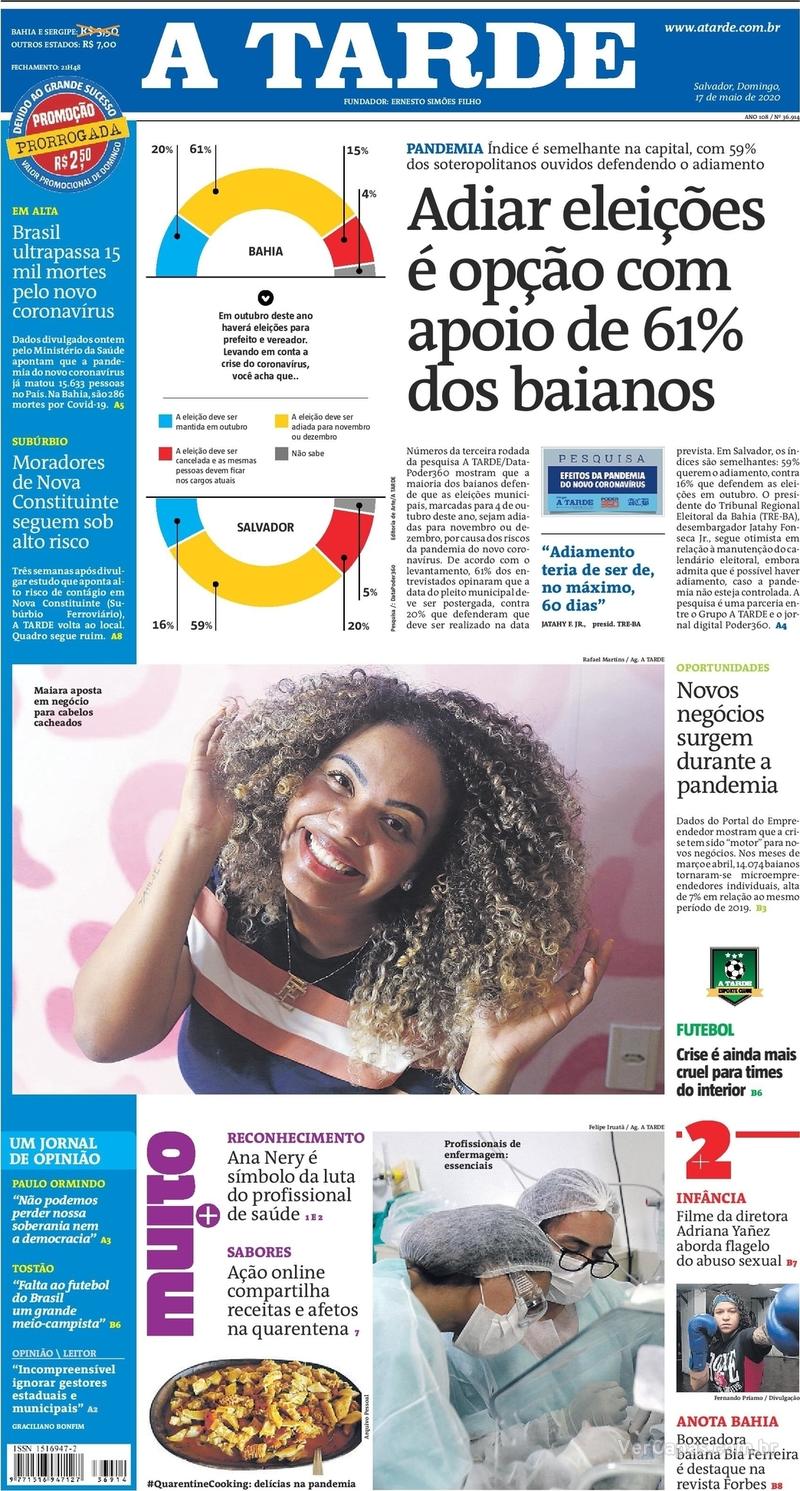 Capa do jornal A Tarde 17/05/2020
