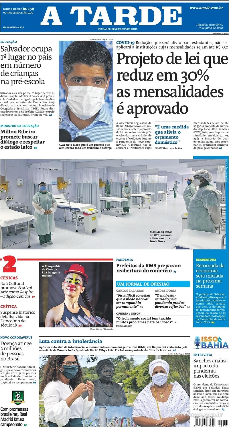 Capa do jornal A Tarde 17/07/2020