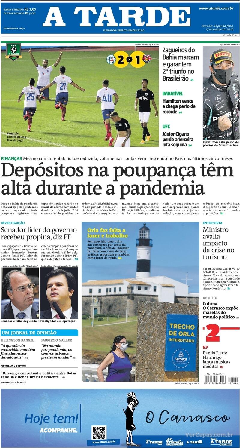 Capa do jornal A Tarde 17/08/2020