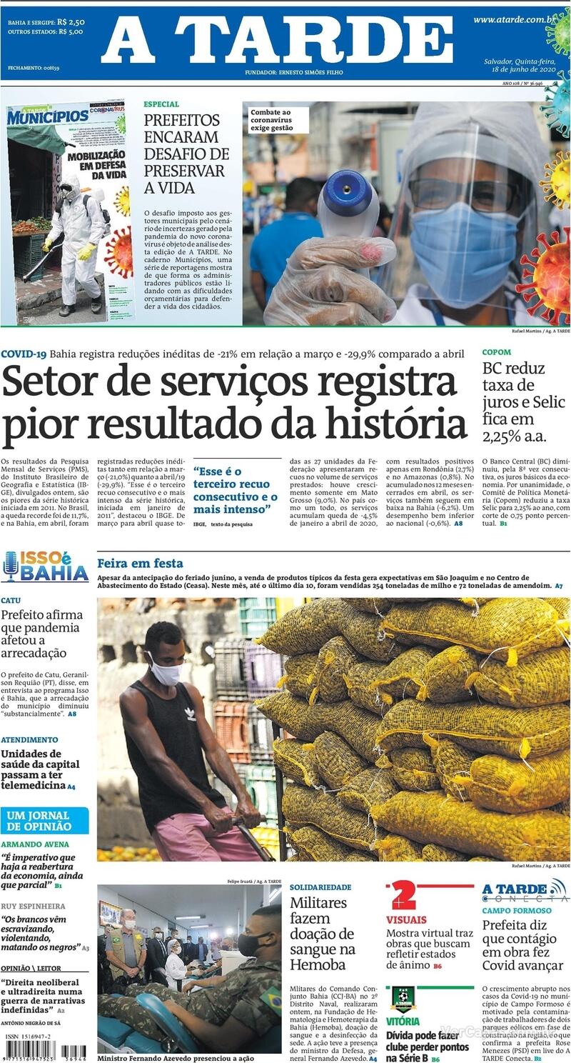 Capa do jornal A Tarde 18/06/2020