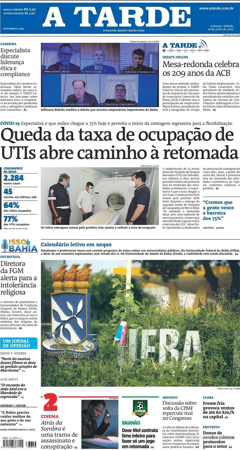 Capa do jornal A Tarde 18/07/2020