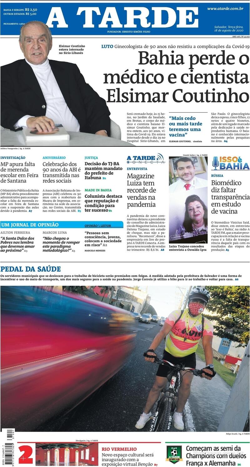 Capa do jornal A Tarde 18/08/2020