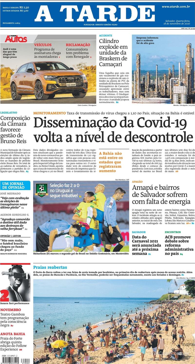 Capa do jornal A Tarde 18/11/2020