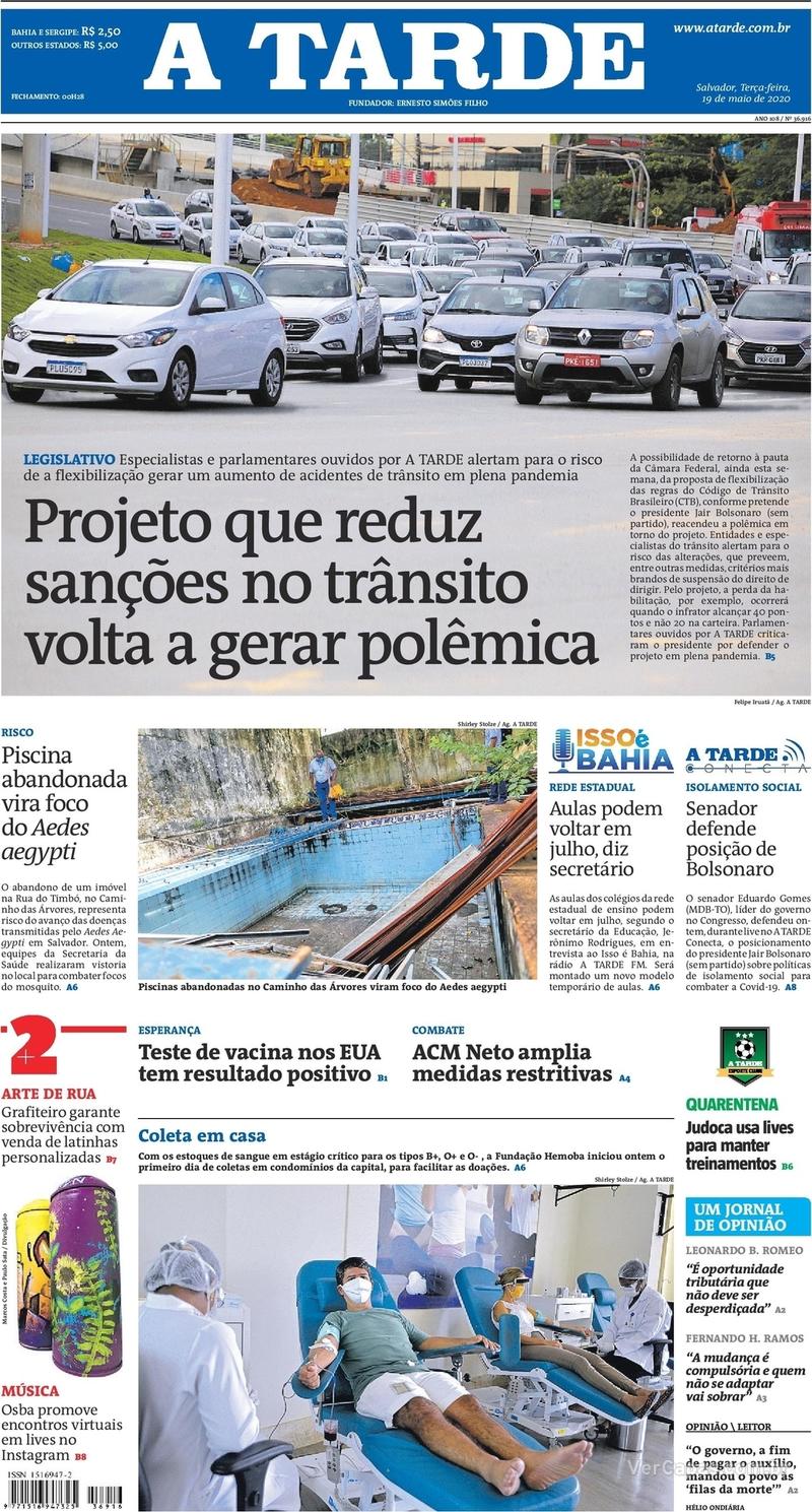 Capa do jornal A Tarde 19/05/2020