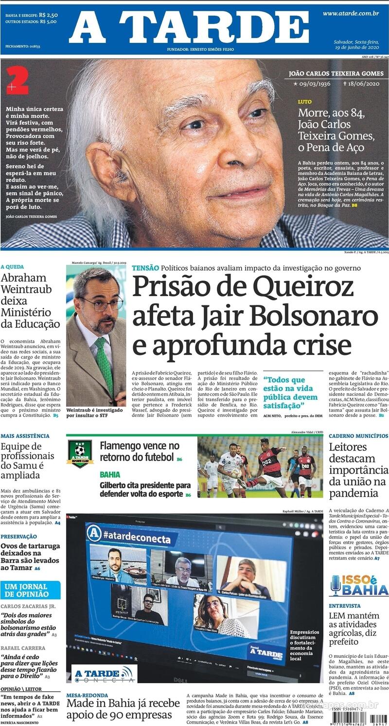Capa do jornal A Tarde 19/06/2020