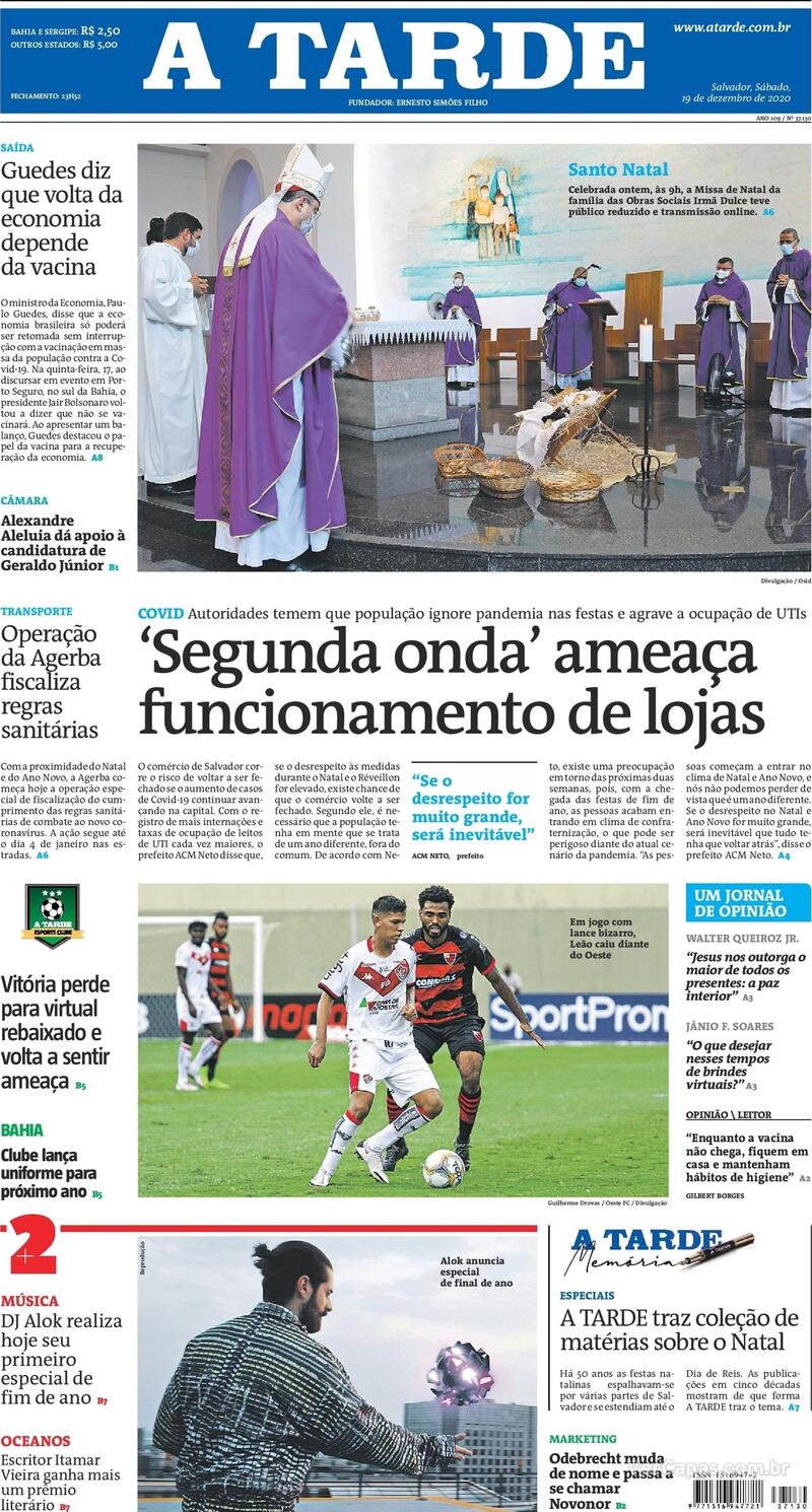 Capa do jornal A Tarde 19/12/2020