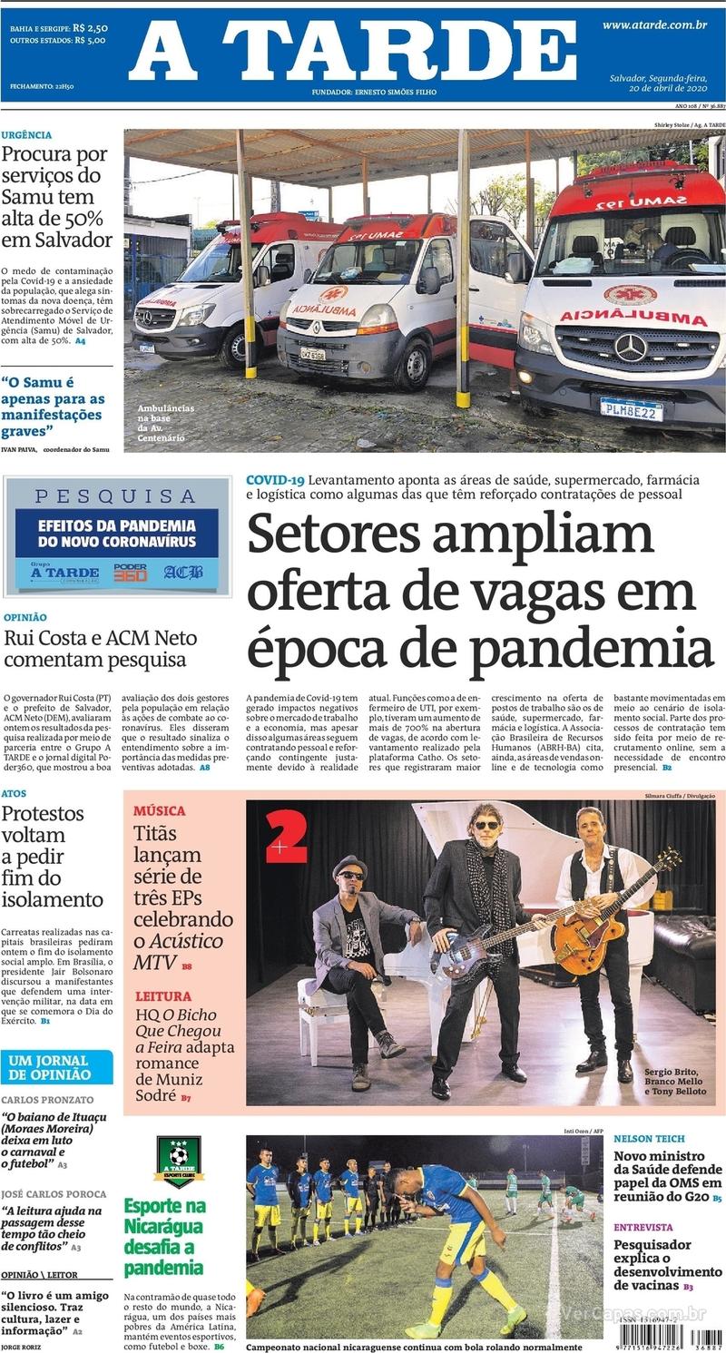 Capa do jornal A Tarde 20/04/2020