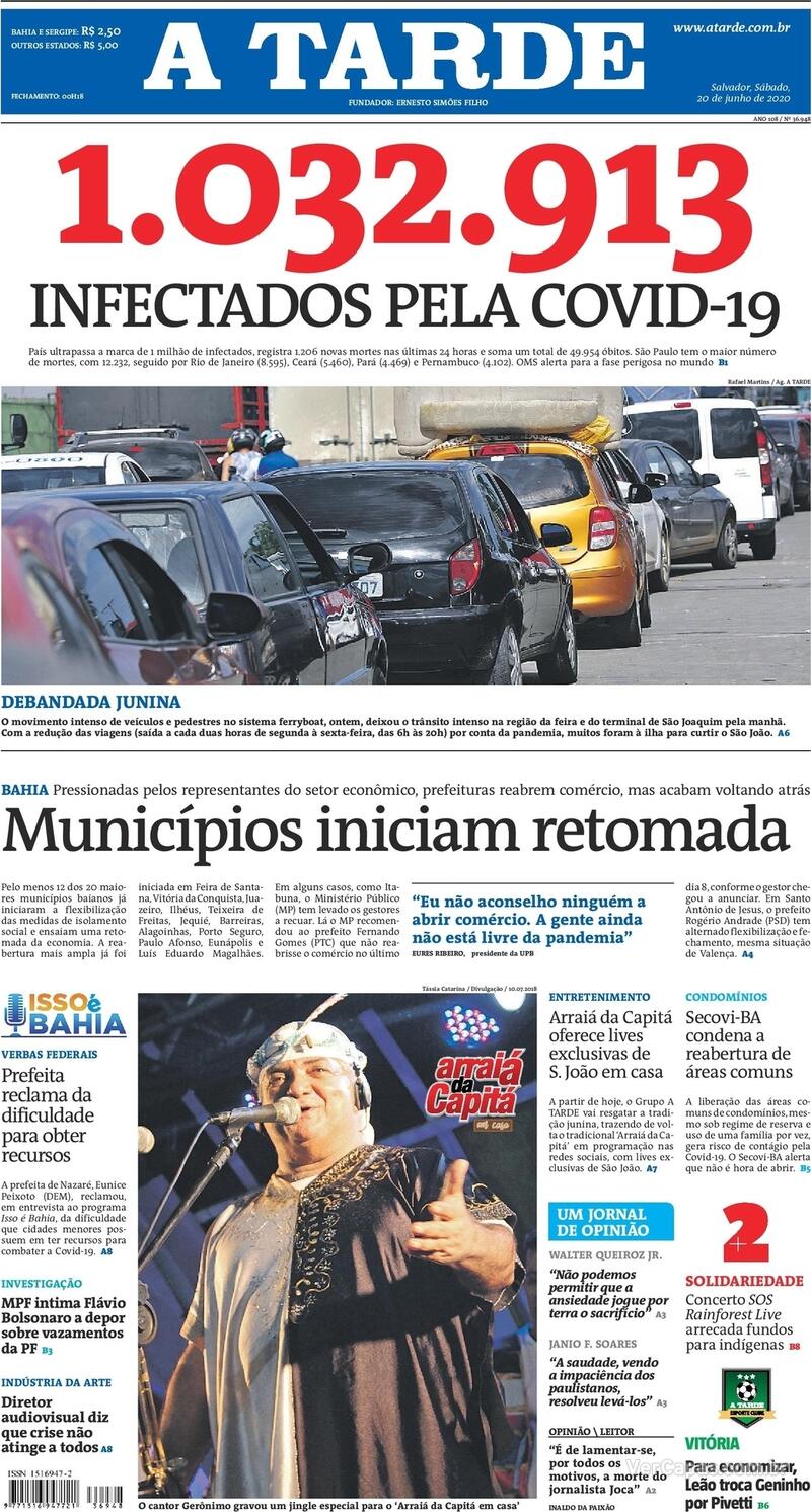 Capa do jornal A Tarde 20/06/2020