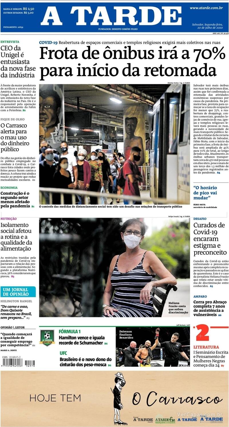 Capa do jornal A Tarde 20/07/2020